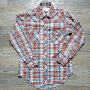 VTG 1960s Wrangler Mens Pearl Snap Button Shirt Plaid Brown XL 15.5X33 USA Flaw